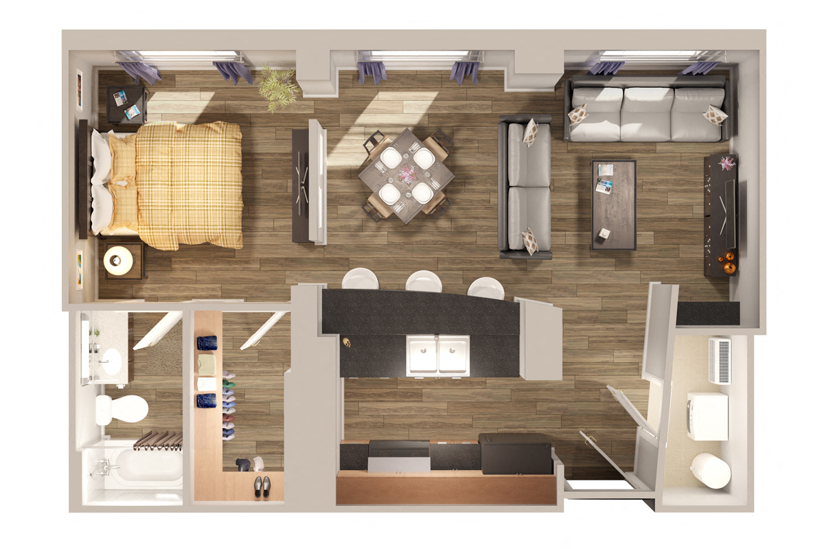 Floor plan for 1 bed, 1 bath, 762 sqft
